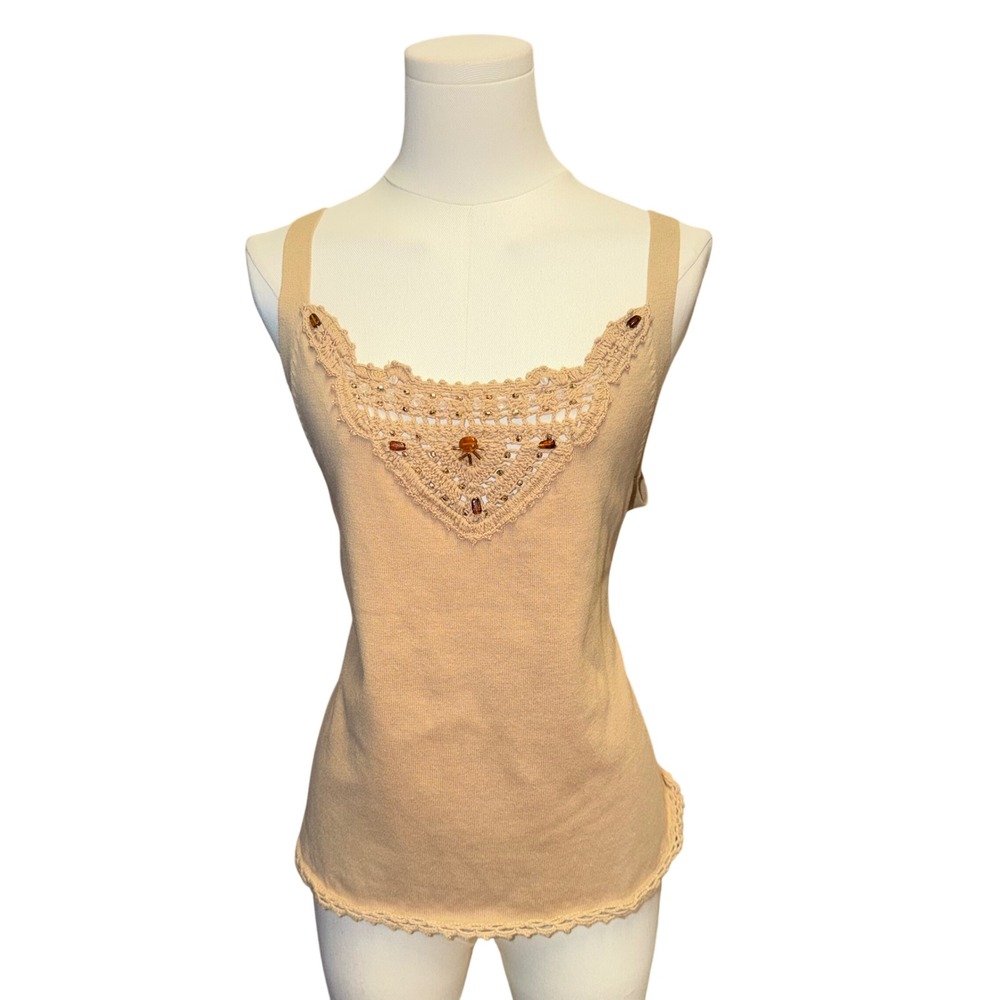 Faded Glory Tank Top Womens L Tan Good Beaded Crochet Trim Y2K Boho Cottagecore